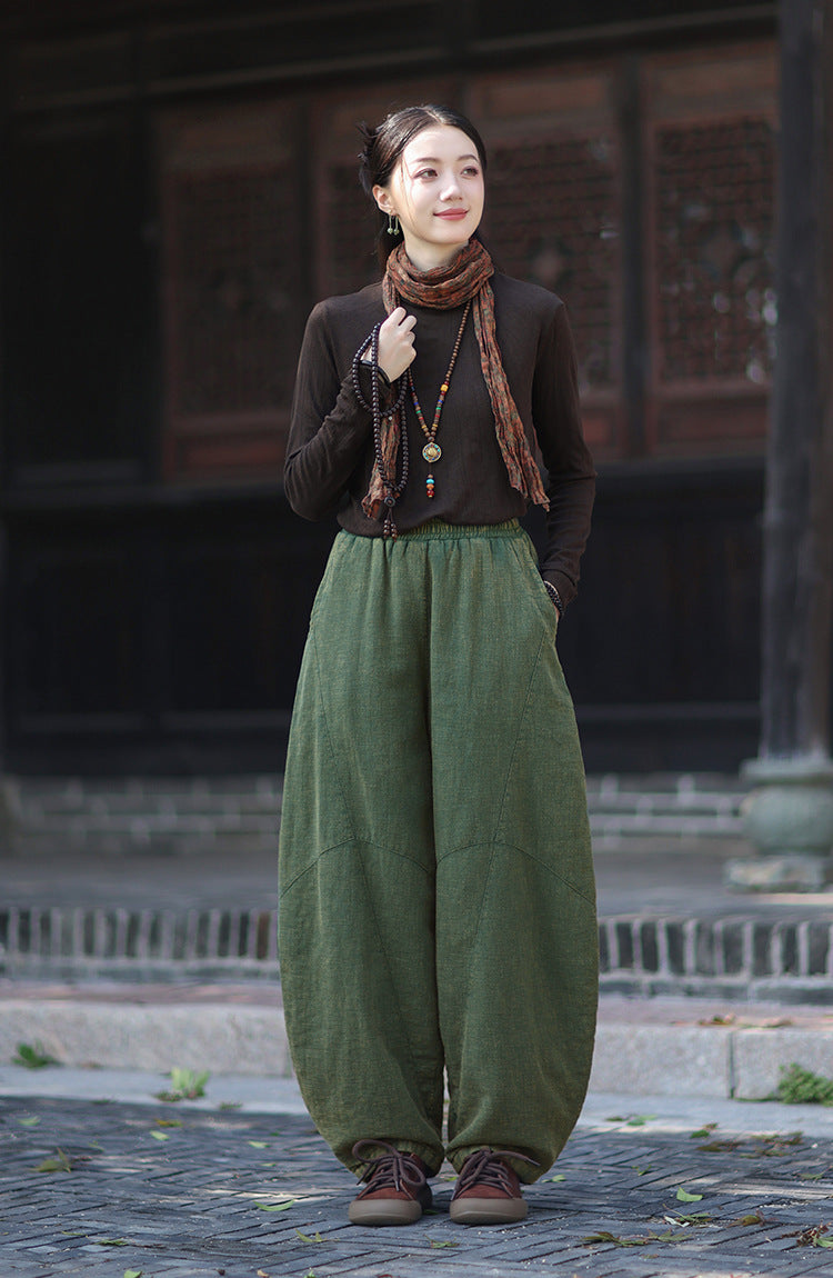 Ramie Cotton Quilted Thick Pants for Women, winter padded pants 251015w