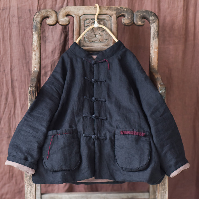 100% Linen Autumn Winter Women Quilted Jacket with Handsewing Details in Hanfu Style 250902a