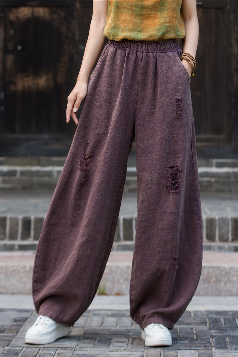 Ramie Linen Cotton Women Pants with Destroyed Look for Tai chi, Linen Wide Leg Pants 250923a
