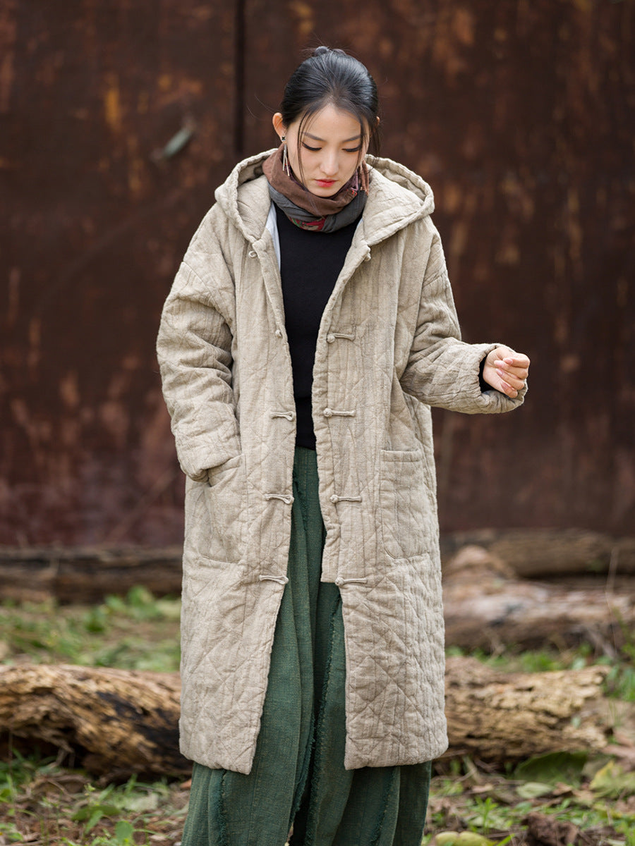 Ramie Linen Women Quilted Hoodie Jacket with Pockets & Frog Buttons in Hanfu Style, Chinese style Winter Padded Coat 251107w