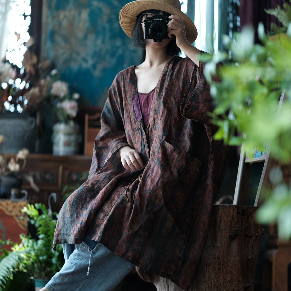 100% Ramie Linen Women Long Blouse with Patchwork Details and Vintage Print, linen women Shirt Jacket 250412s 2185
