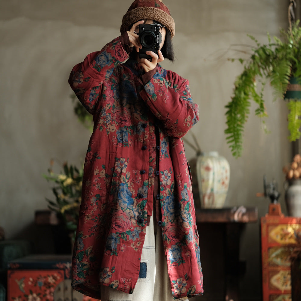 100% Cotton Women Quilted Chinese Hanfu Jacket with Vintage Print 241204w