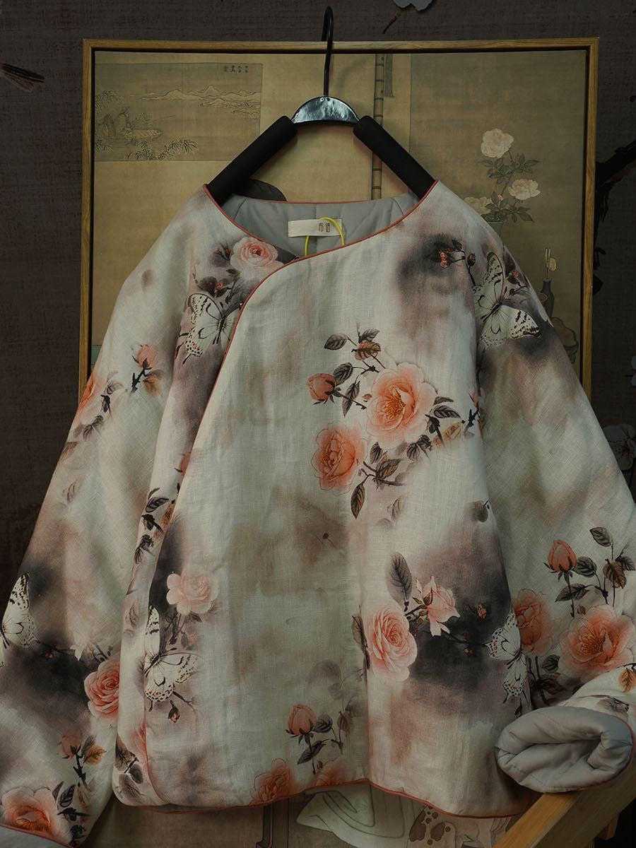 Linen Cotton Women Quilted Chinese Jacket with Traditional Buttons and Vintage Print 251026w