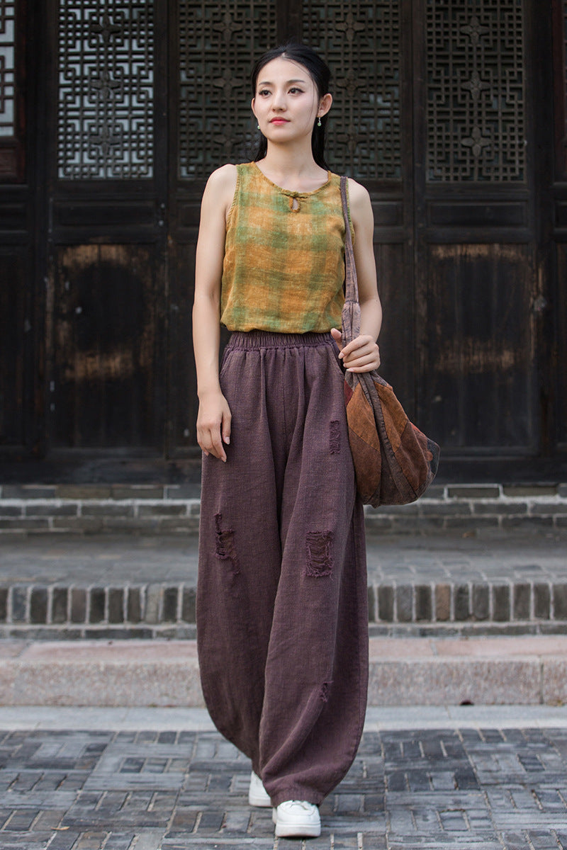 Ramie Linen Cotton Women Pants with Destroyed Look for Tai chi, Linen Wide Leg Pants 250923a