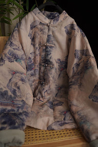 Linen Cotton Women Quilted Chinese Jacket with Vintage Landscape Print and Traditional Chinese Buttons 240115w