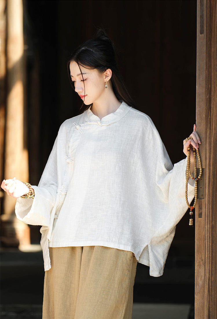 Ramie Linen Women Hanfu Shirt with Chinese Traditional Buttons and Raw Hem 250813s