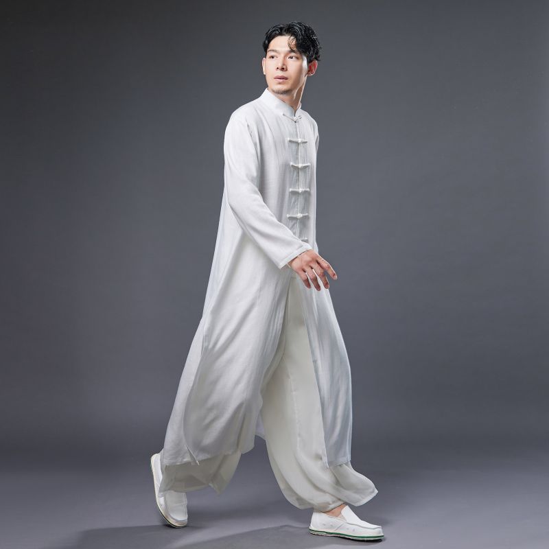 Linen Cotton Retro Chinese Men Hanfu Robe with Traditional Buttons 240714s