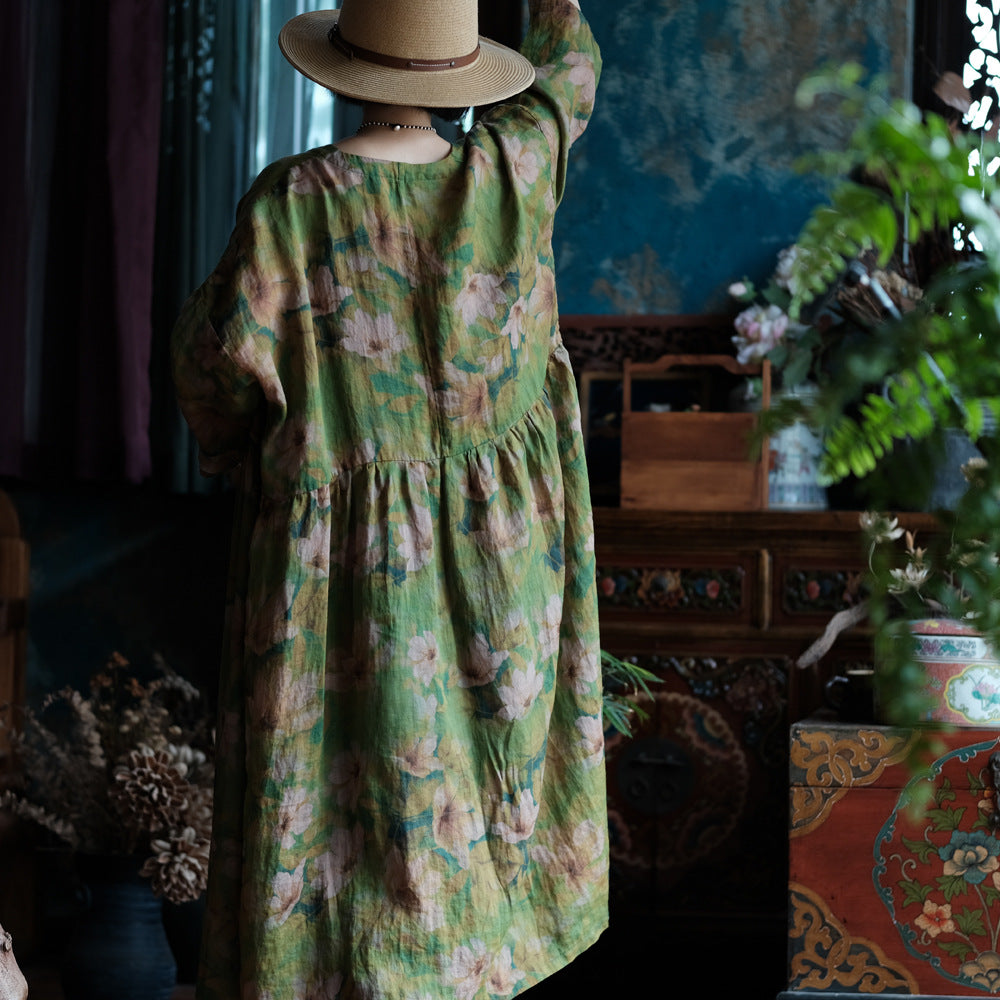 100% Linen Chinese Women Blouse with Vintage Print, linen women open Shirt Jacket 250410s 2193