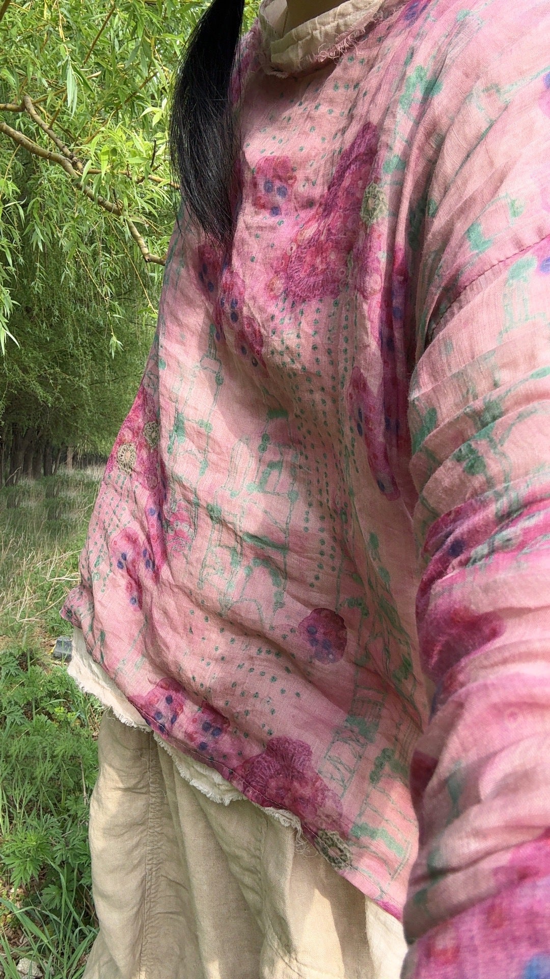 100% Ramie Linen  Women Pullover with Floral Print and Round Neck 250713s