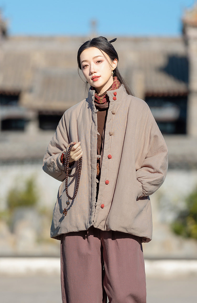 Ramie Linen Cotton Women Quilted Jacket with Pockets & Color-block Buttons in Hanfu Style, Chinese style Hanfu 251121w