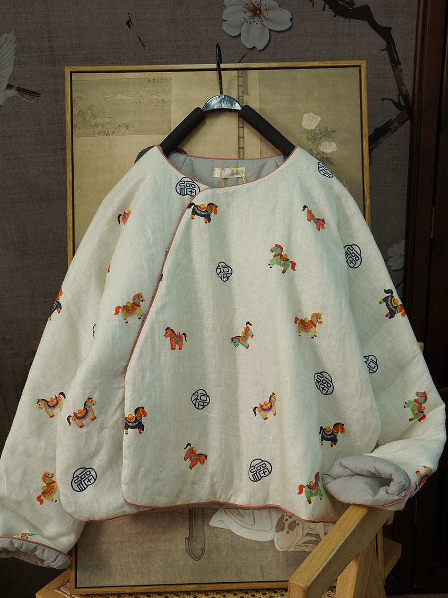 Linen Cotton Women Quilted Chinese Pullover with Vintage Horse Print and Traditional Chinese Buttons 251118w  375020