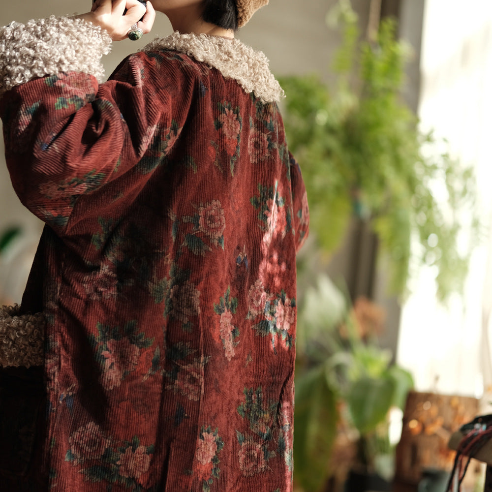 Winter Thick Cord Women Quilted Jacket with Vintage Print in Hanfu Style, Chinese style Hanfu 250203w