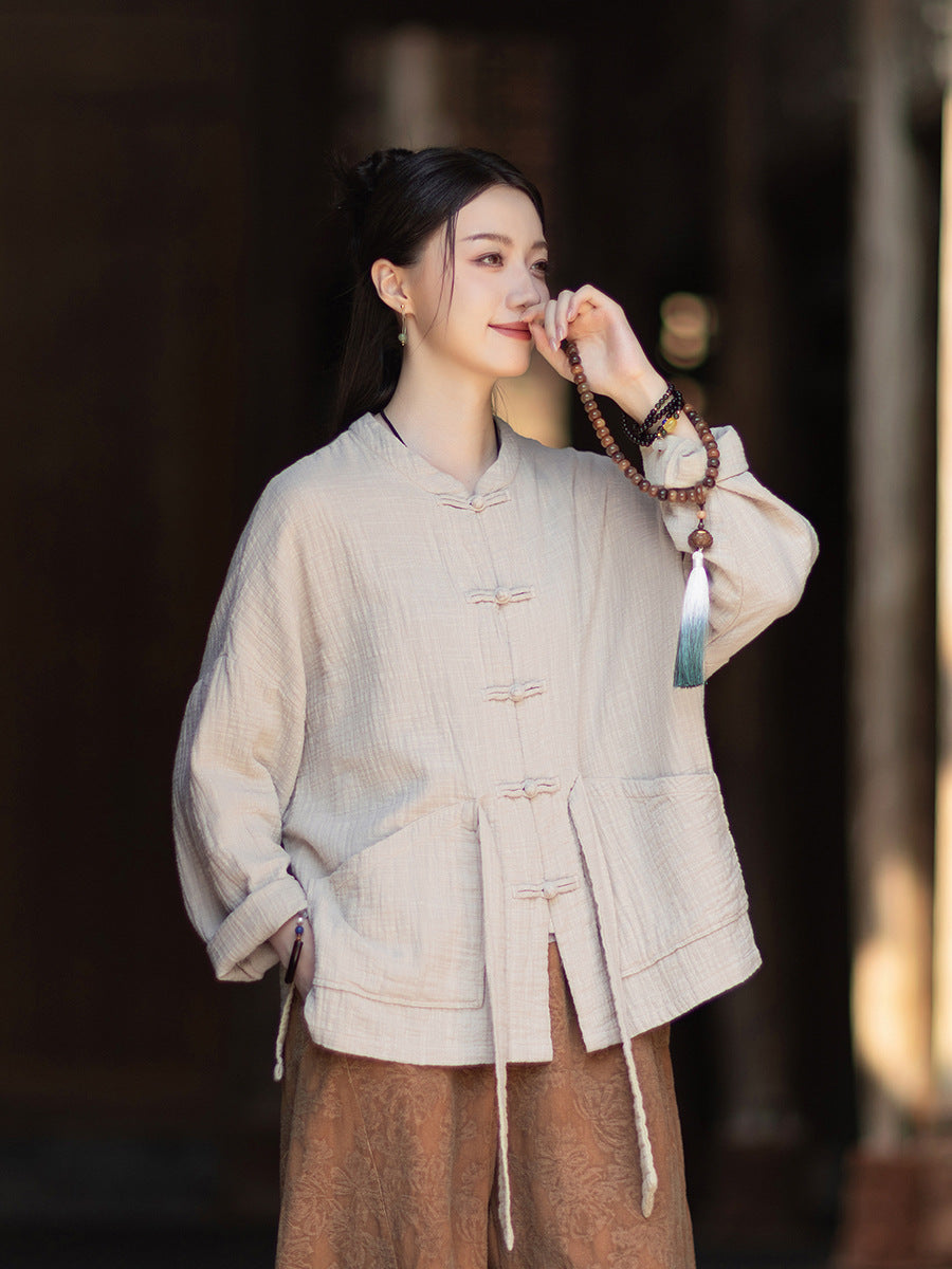 100% Cotton Women Hanfu Shirt with Chinese Traditional Buttons & Pockets 251016w