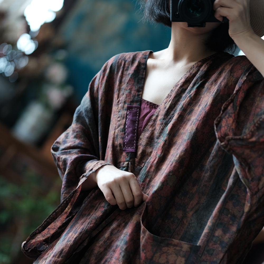 100% Ramie Linen Women Long Blouse with Patchwork Details and Vintage Print, linen women Shirt Jacket 250412s 2185