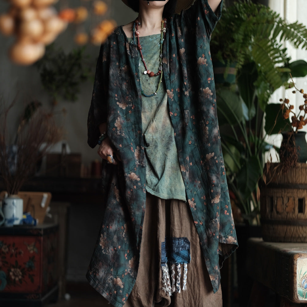 100% Cotton Women Long Blouse with Floral Print and Long Sleeves, summer women blouse 250608s 1959