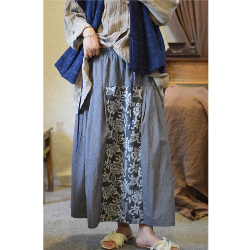Linen Cotton Maxi Skirt with Hanfu Elements in Patchwork Style 251101w