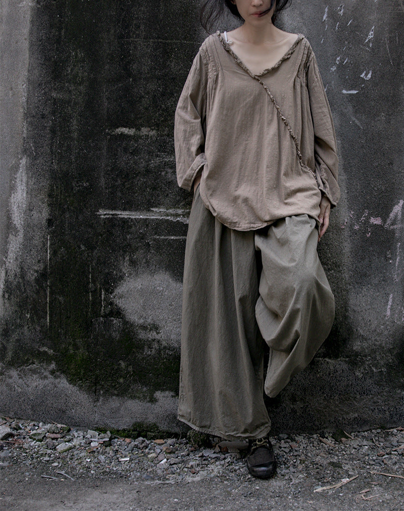 Linen Cotton Women Shirt Pullover with Ruffle Details 250401s
