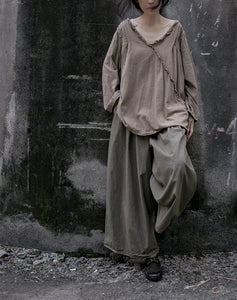 Linen Cotton Women Shirt Pullover with Ruffle Details 250401s