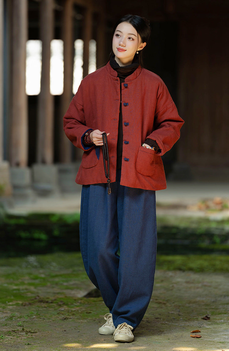 Ramie Linen Cotton Women Quilted Jacket with Pockets & Color-block Buttons in Hanfu Style, Chinese style Hanfu  251123w