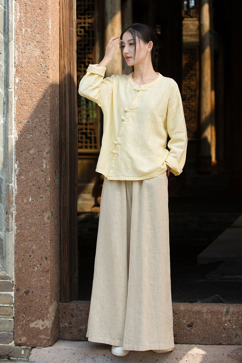Ramie Linen Women Shirt in Hanfu Style with Diagonal Closure and Frog Buttons 250921a