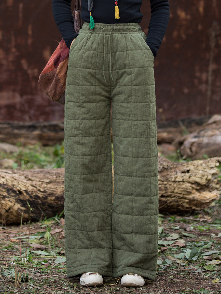 Ramie Linen Cotton Quilted Thick Pants with Pockets & Front Ties, winter women pants 251105w