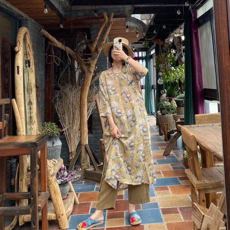 100% Linen Women Tunic Dress with Floral Print and Vintage Collar, linen Long Blouse women 240724s