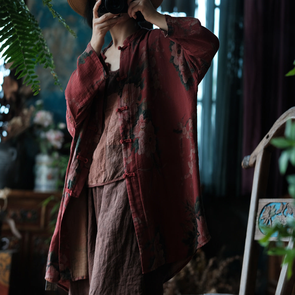 100% Cotton Chinese Women Long Blouse with Traditional Buttons and Vintage Print, linen women Shirt Jacket  250409s 2099