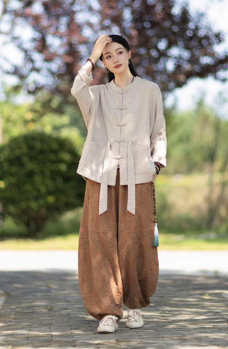 100% Cotton Women Hanfu Shirt with Chinese Traditional Buttons & Pockets 251016w