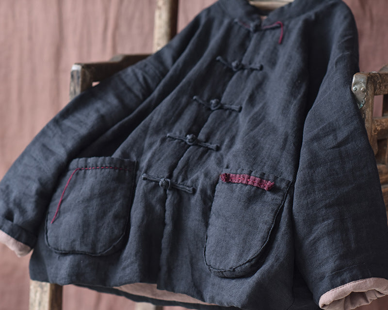 100% Linen Autumn Winter Women Quilted Jacket with Handsewing Details in Hanfu Style 250902a