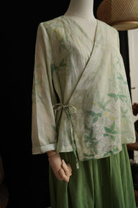 100% Ramie Linen Vintage Chinese Women Shirt with Vintage Floral Print, Linen women Skirt set 241711s