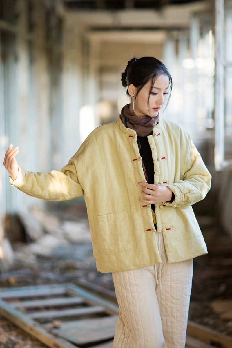 Ramie Cotton Women Quilted Jacket with Pockets & Frog Buttons in Hanfu Style, Chinese style Hanfu 251110w