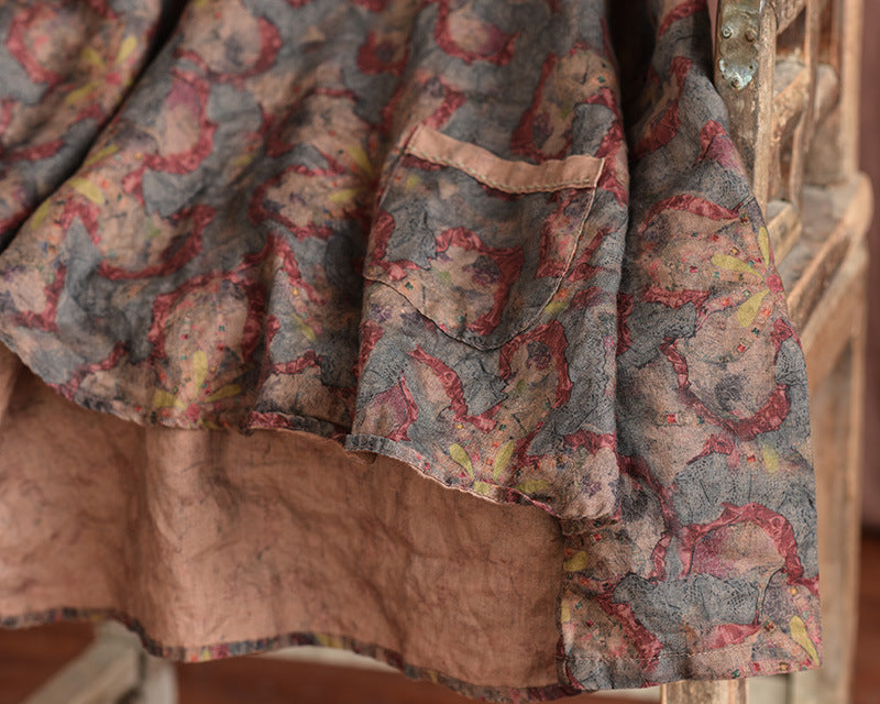 100% Linen Asymmetrical Women Shirt with High-low Hem & Vintage Print 250712s