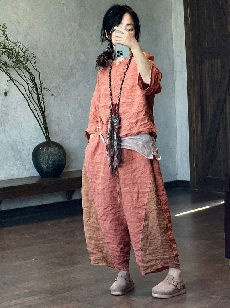 100% Linen Color-blocked Cropped Women Pants with Pockets 250802s 4347