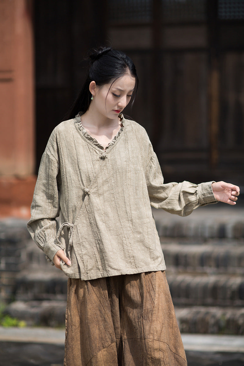 Ramie Linen Women Shirt in Hanfu Style with Ruffled Collar & Diagonal Closure 250922a