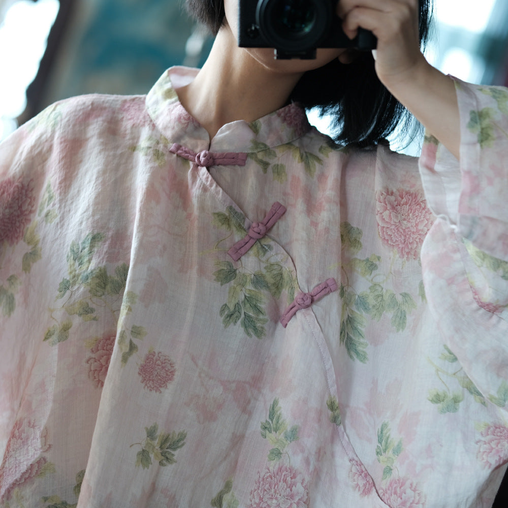 100% Linen Women Jacket with Floral Print, women linen shirt blouse 240006s