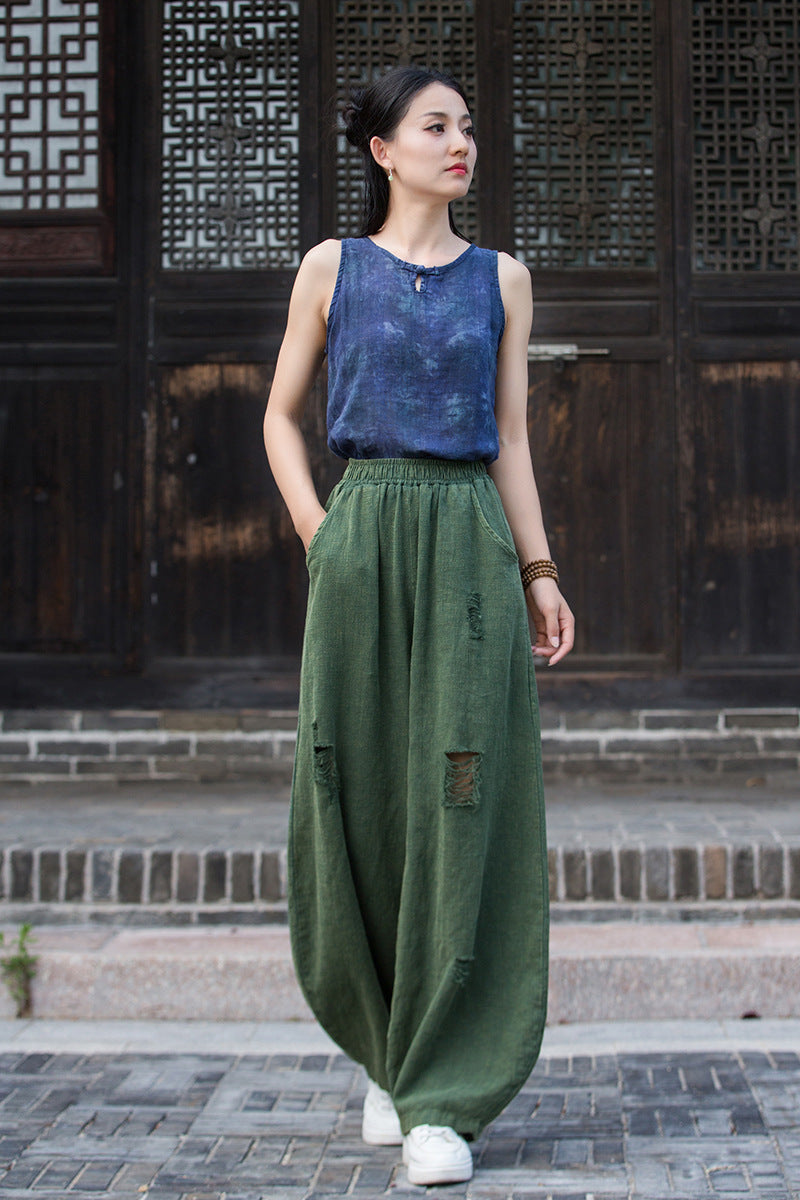 Ramie Linen Cotton Women Pants with Destroyed Look for Tai chi, Linen Wide Leg Pants 250923a