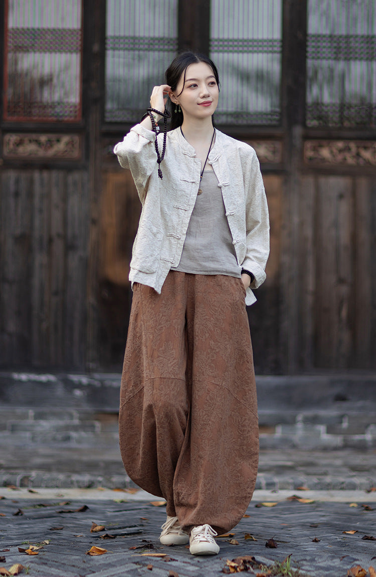 Linen Cotton Women Hanfu Shirt with Wide Leg Carrot Pants Set 251014w
