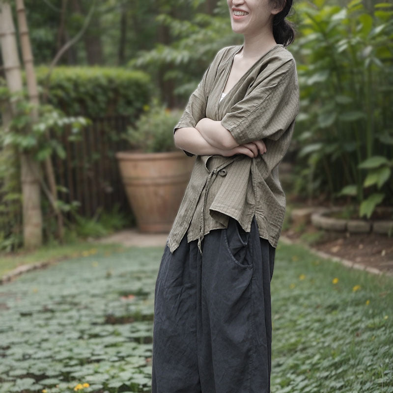 100% Cotton Wrap Cardigan Shirt with Mid-length sleeves and Tie-front Design 250407s