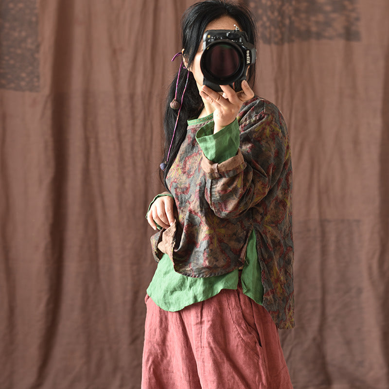 100% Linen Asymmetrical Women Shirt with High-low Hem & Vintage Print 250712s