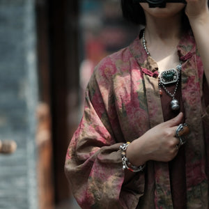 100% Linen Vintage Chinese Women Long Jacket with Floral Print and Traditional Buttons 242204s