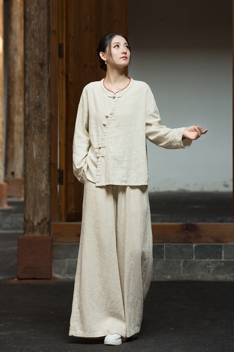 Ramie Linen Women Shirt in Hanfu Style with Diagonal Closure and Frog Buttons 250921a