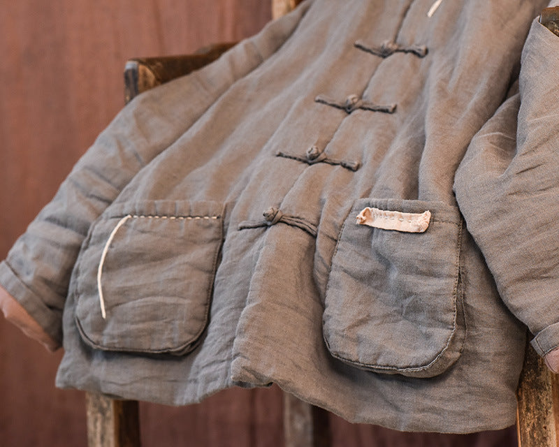 100% Linen Autumn Winter Women Quilted Jacket with Handsewing Details in Hanfu Style 250902a