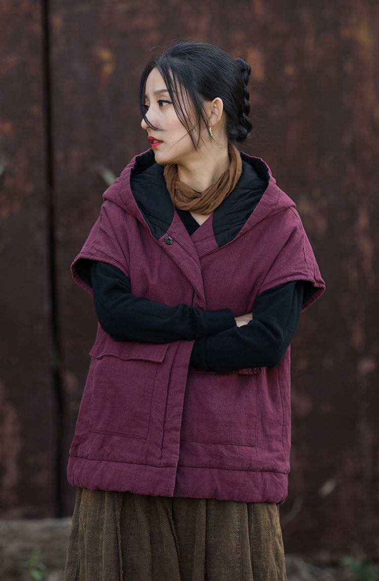 Linen Cotton Women Quilted Chinese Hoodie Jacket with Short Sleeve and Pockets, Winter Quilted Hooded Vest 232412w