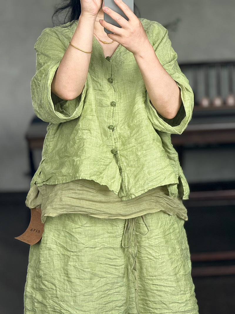 100% Linen Women Shirt with Chinese Traditional Buttons 250803s 4352