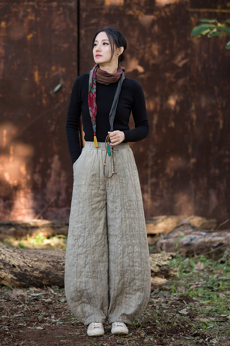 Ramie Linen Cotton Quilted Thick Pants with Pockets, winter women padded pants  251106w