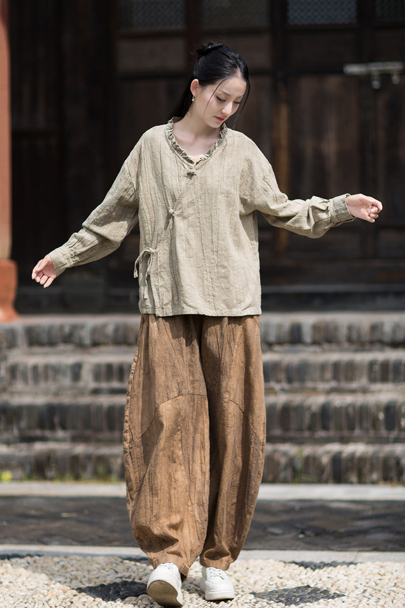Ramie Linen Women Shirt in Hanfu Style with Ruffled Collar & Diagonal Closure 250922a