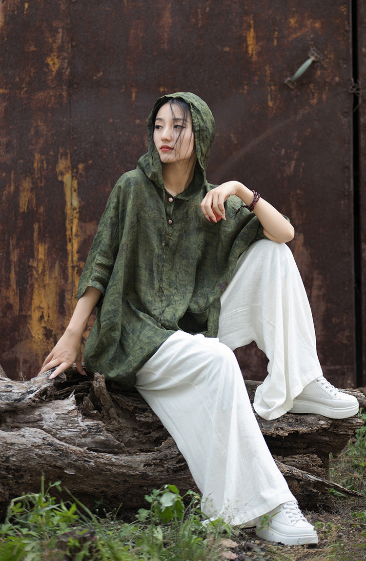 100% Ramie Linen Women Hoodie Pullover with Traditional Chinese Buttons in Tie Dye Design, linen women Shirt, linen Tunic women 231807j