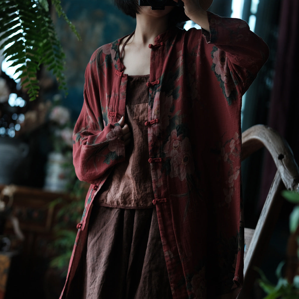 100% Cotton Chinese Women Long Blouse with Traditional Buttons and Vintage Print, linen women Shirt Jacket  250409s 2099