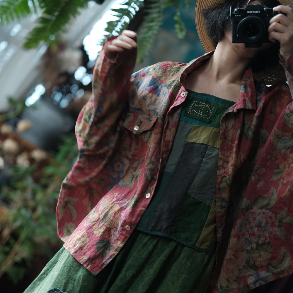 100% Ramie Linen Women Casual Blouse with Floral Print and Long Sleeves, Linen women blouse 250411s 2194