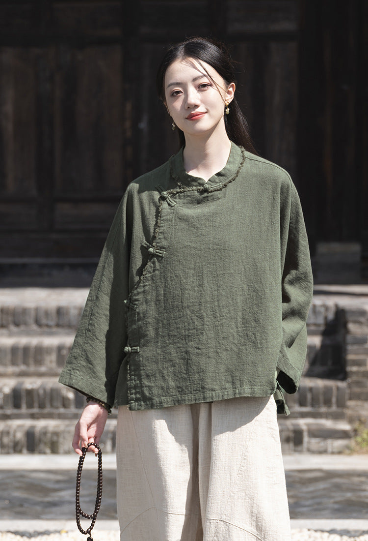 Ramie Linen Women Hanfu Shirt with Chinese Traditional Buttons and Raw Hem 250813s